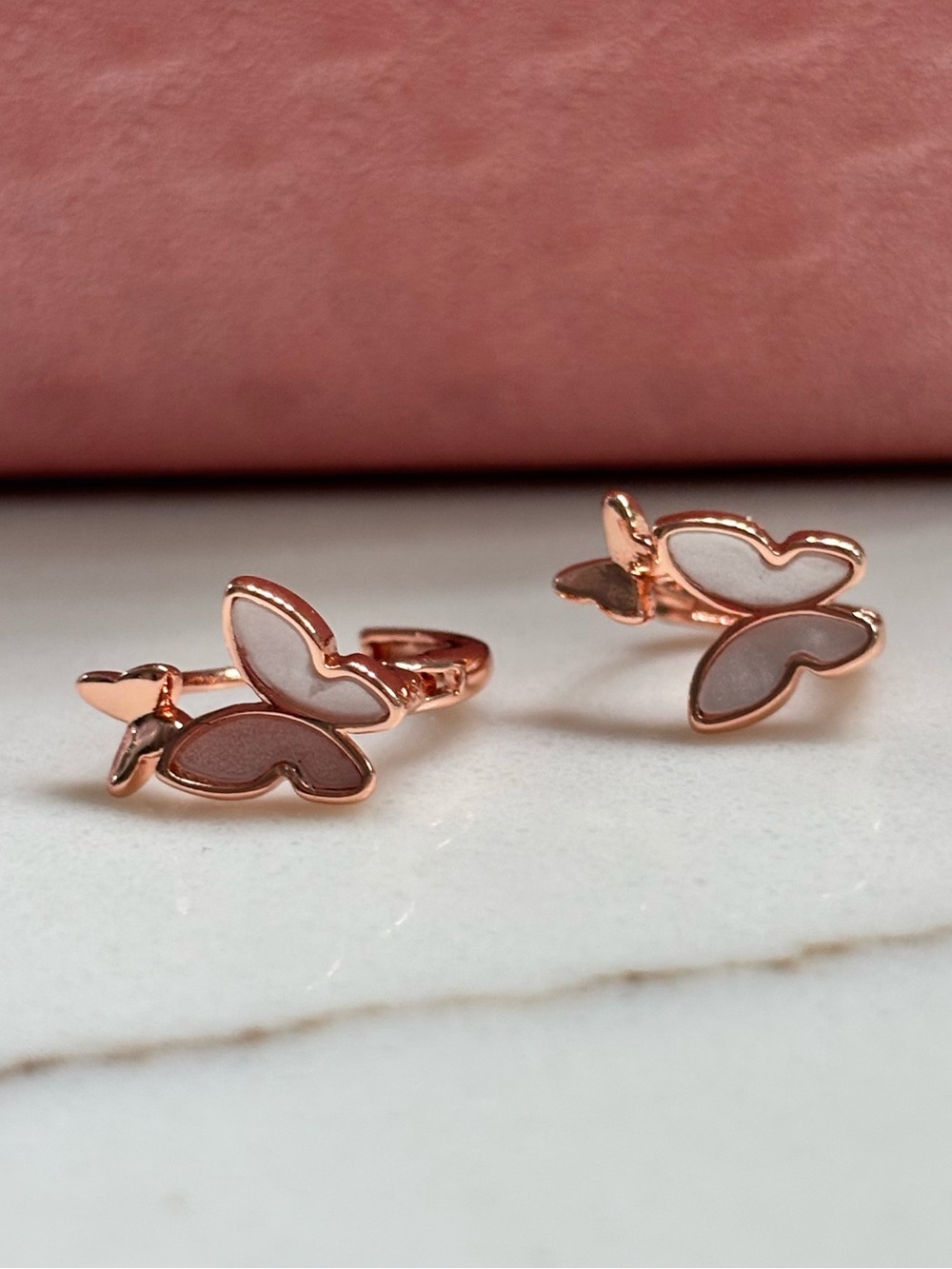 Rose Gold Butterfly Nano Huggie Hoop Earrings with Mother Of Pearl
